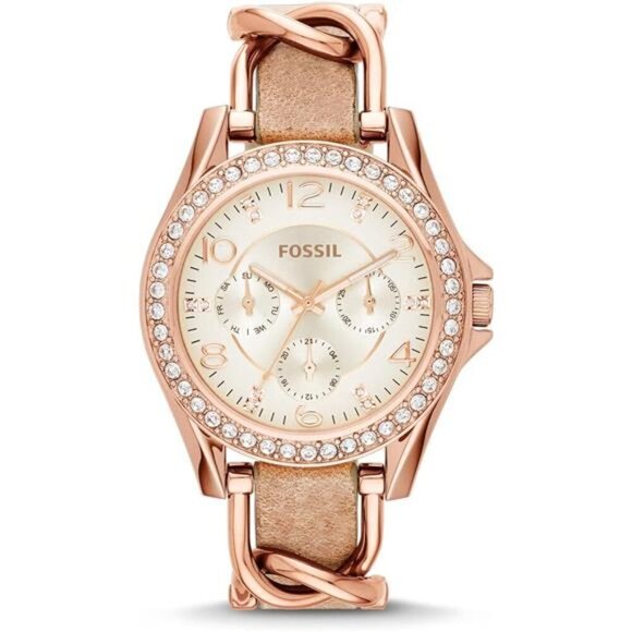 Riley Quartz Stainless Steel and Leather Watch, Rose Gold, Sand (Model: ES3466)